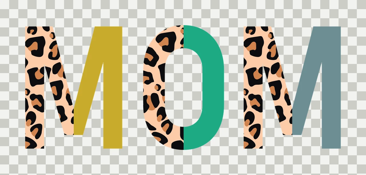 MOM Typography Design with leopard print, split letters, block typography and animal pattern in teal transparency and detail preview thumbnail