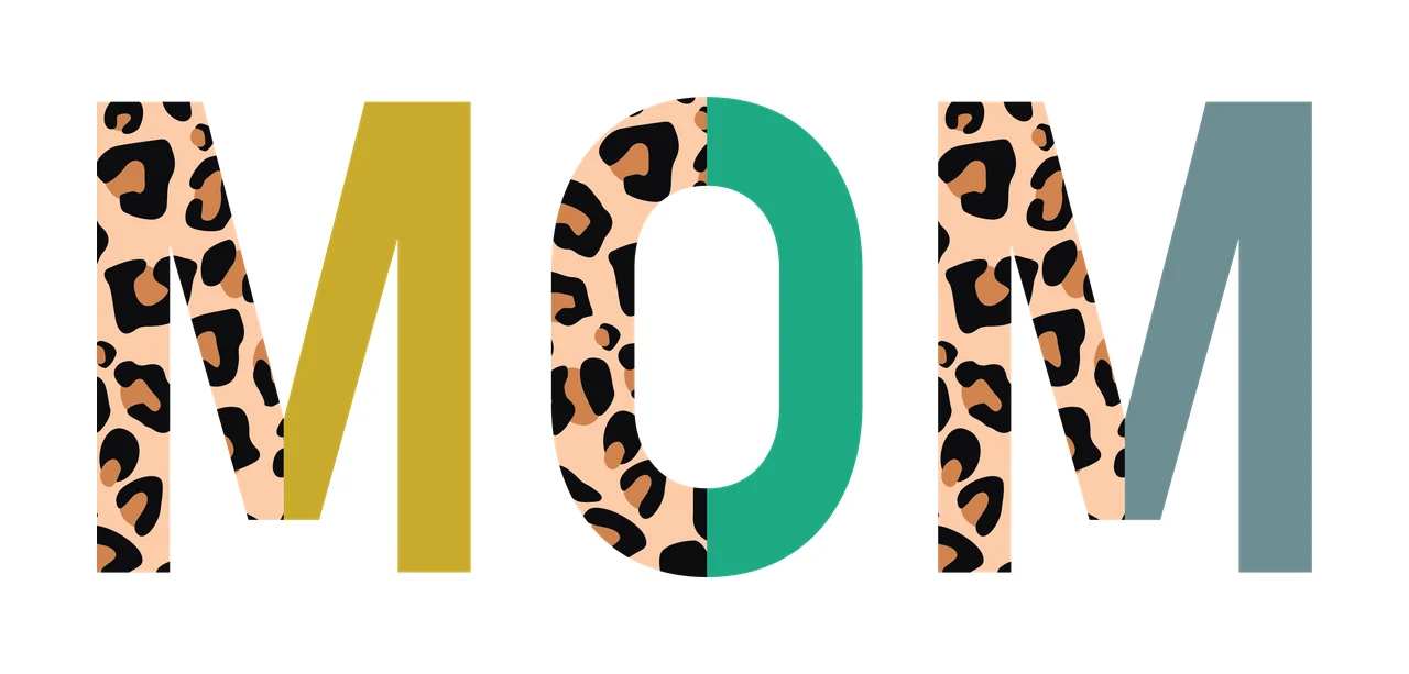 MOM Typography Design with leopard print, split letters, block typography and animal pattern in teal