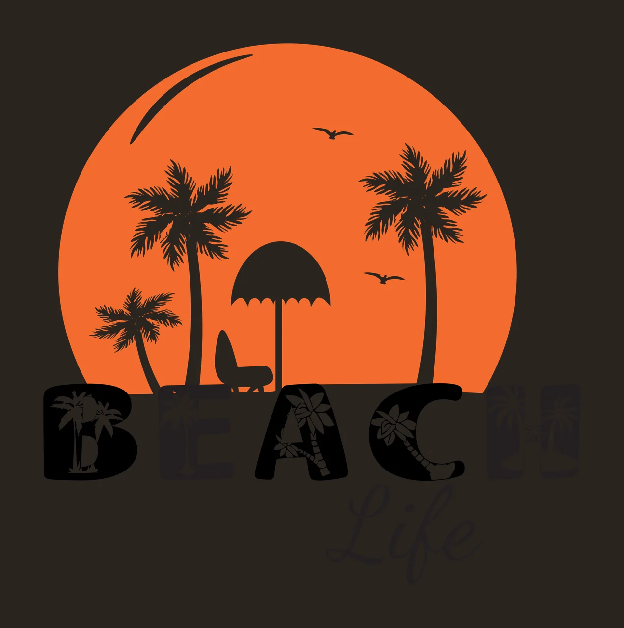 BEACH Life Beach Life logo design with orange circular sun, white palm trees, white beach chair and white umbrella in black contrast preview thumbnail