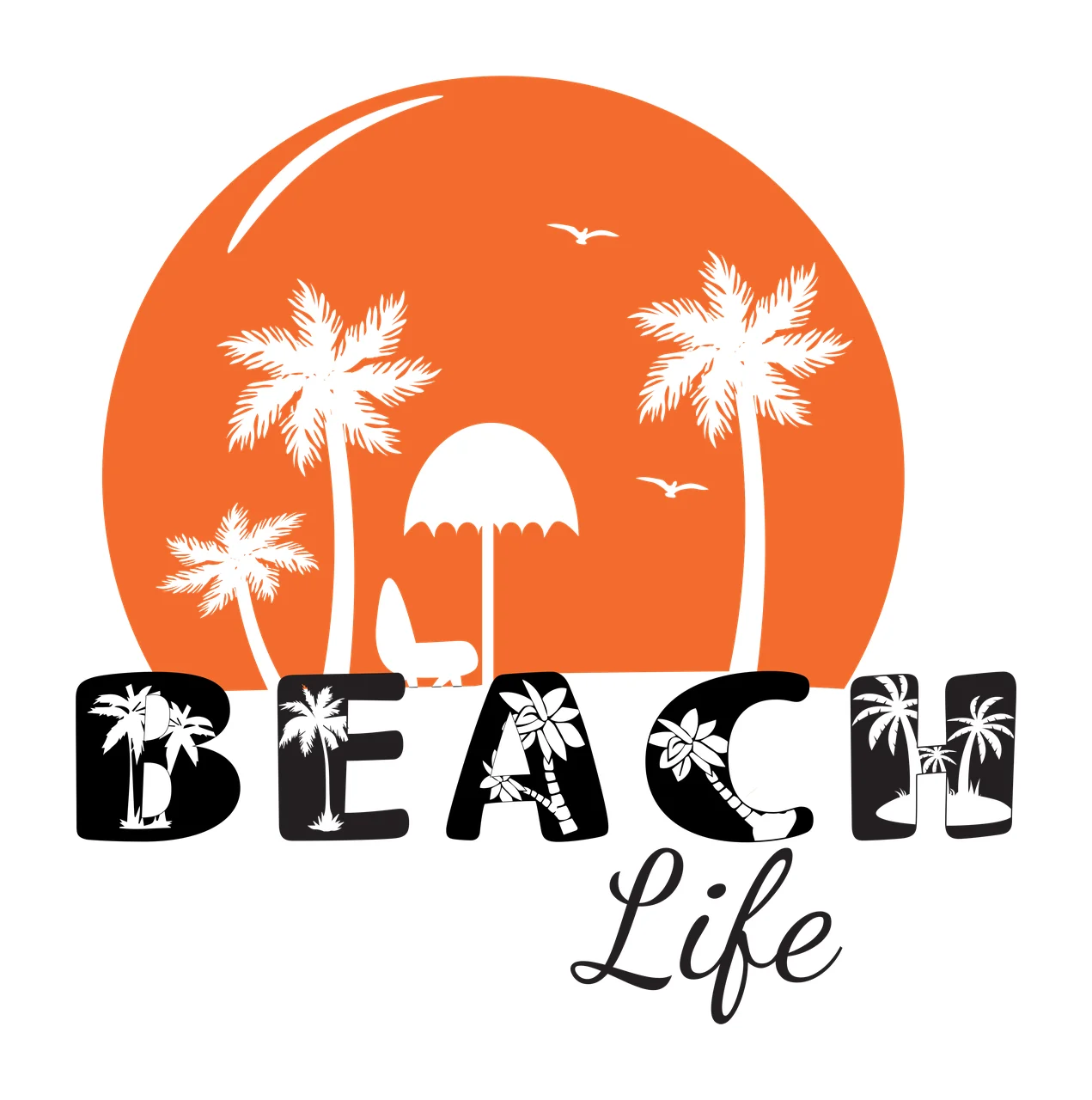 BEACH Life Beach Life logo design with orange circular sun, white palm trees, white beach chair and white umbrella in black