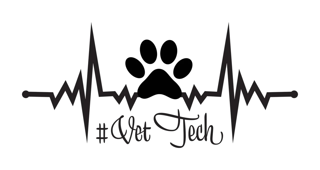 #Vet Tech Typography Design with black paw print, black heartbeat line and Vet Tech text
