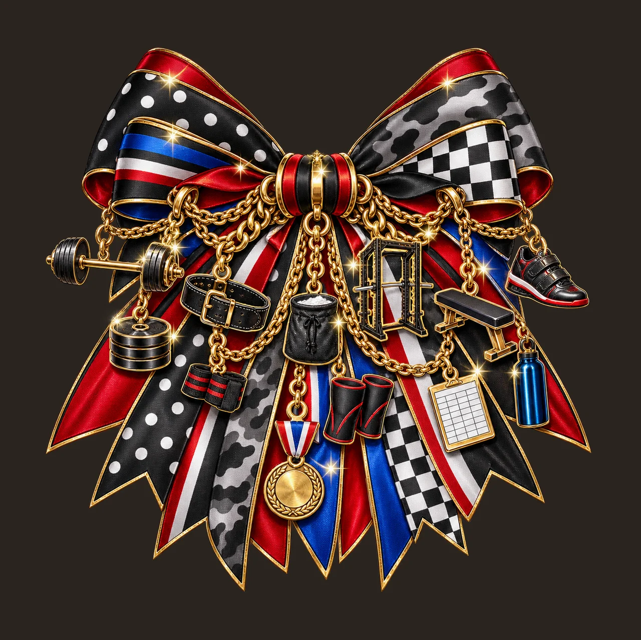 Powerlifting Lover Bow Charm PNG, Themed Gold Chain Charms, Coquette Ribbon Sublimation Design, Transparent Digital Download contrast preview thumbnail
