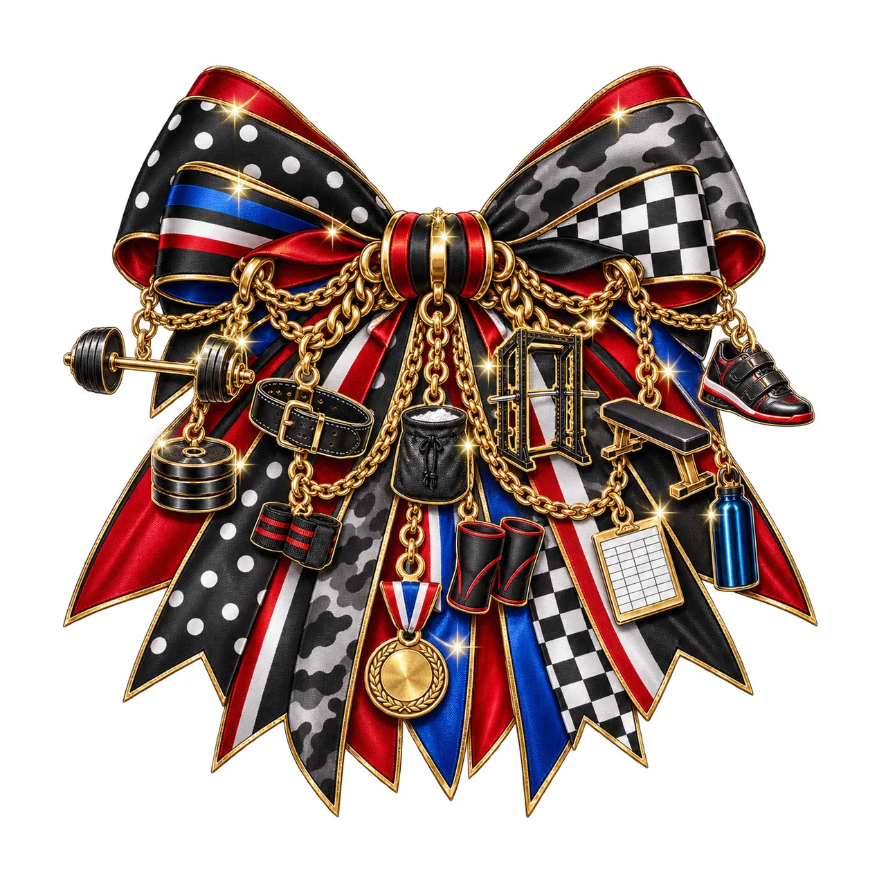 Powerlifting Lover Bow Charm PNG, Themed Gold Chain Charms, Coquette Ribbon Sublimation Design, Transparent Digital Download