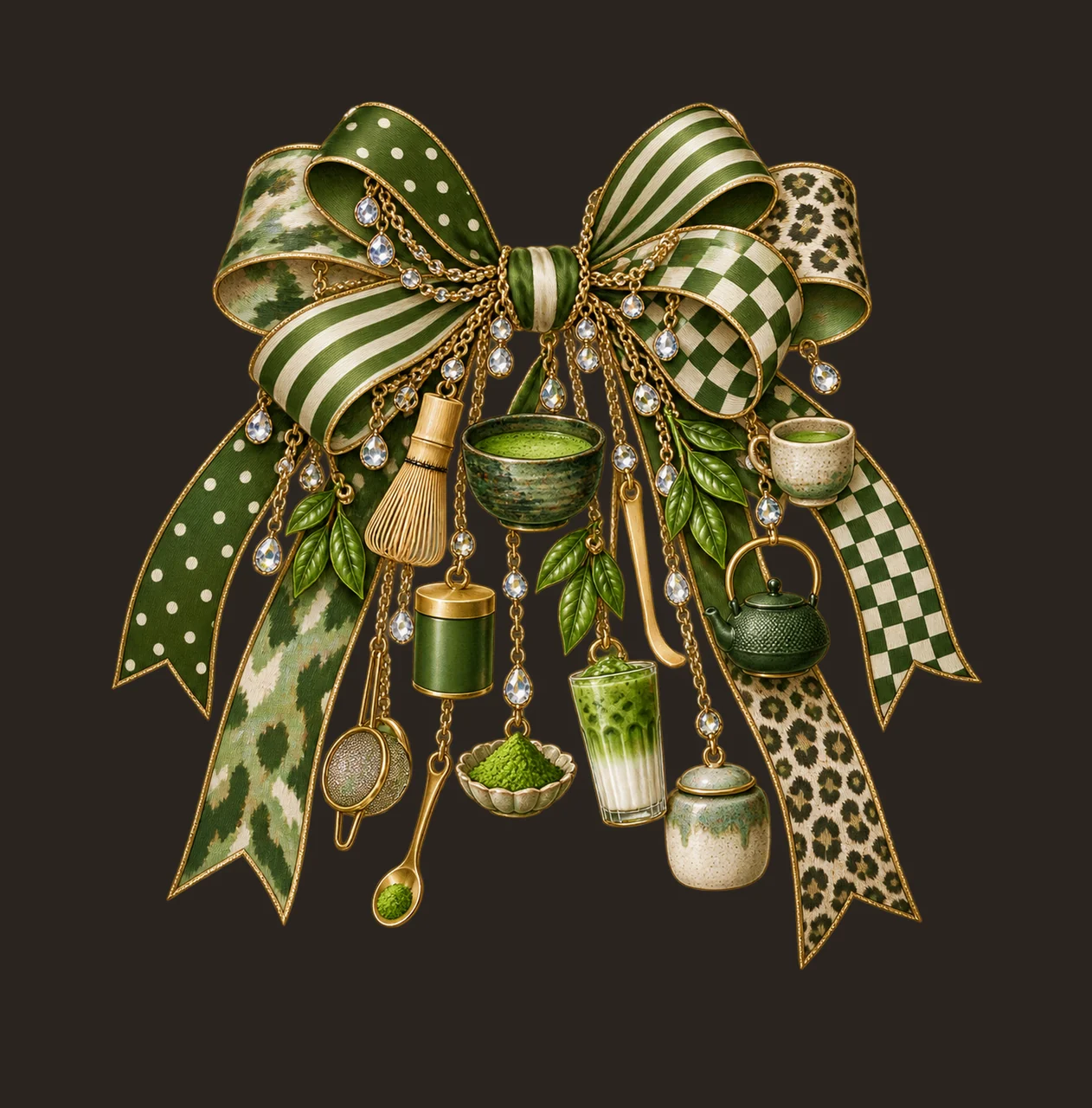 Matcha Lover Bow Charm PNG, Gold Chain Charms, Transparent Sublimation Design, Digital Download contrast preview thumbnail