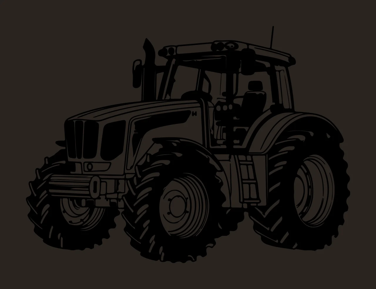 Large Farm Tractor In Side View wheels cab line drawing black contrast preview thumbnail