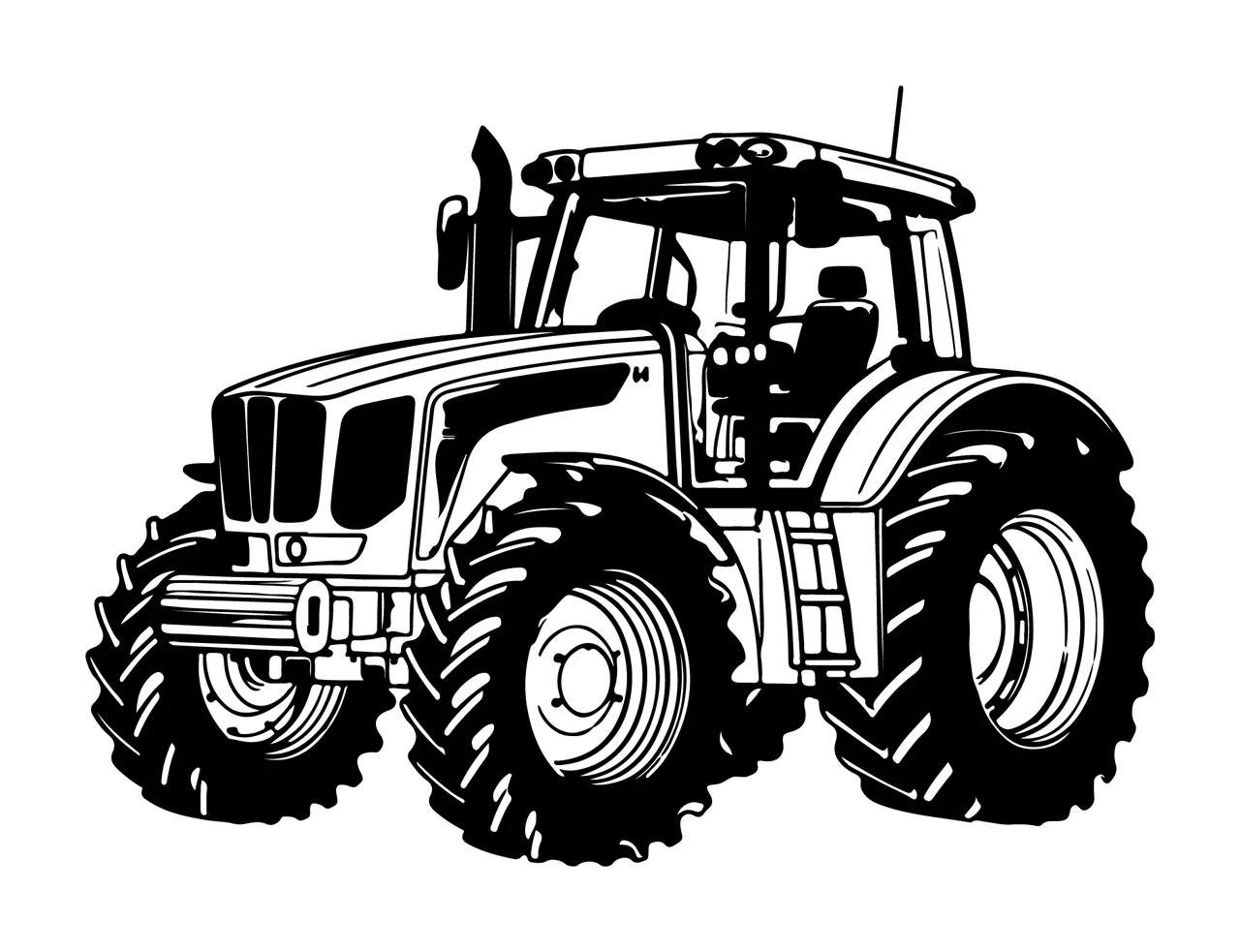 Large Farm Tractor In Side View wheels cab line drawing black