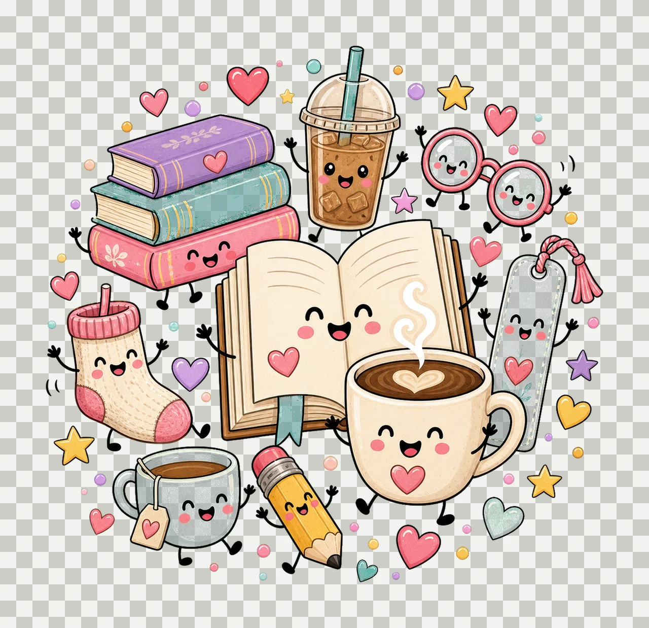 Books and Coffee Characters Doodle Cute Happy Variation E transparency and detail preview thumbnail