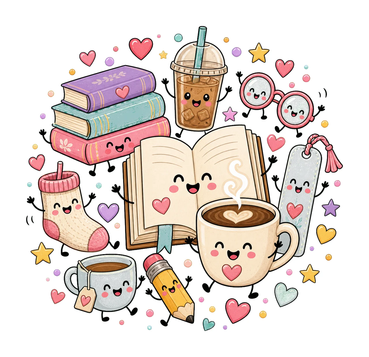 Books and Coffee Characters Doodle Cute Happy Variation E