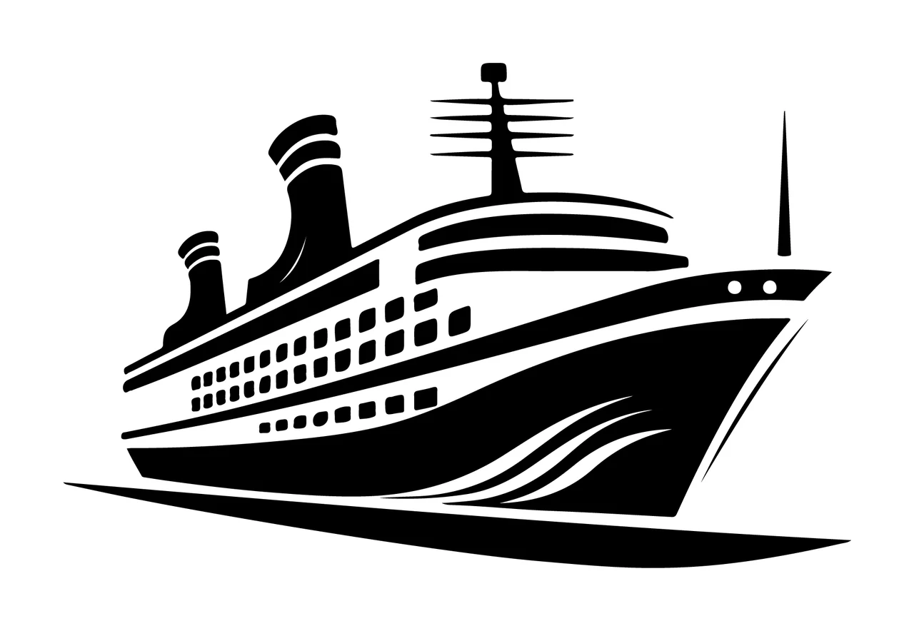 Cruise Ship Silhouette On Waves sailing funnels black white