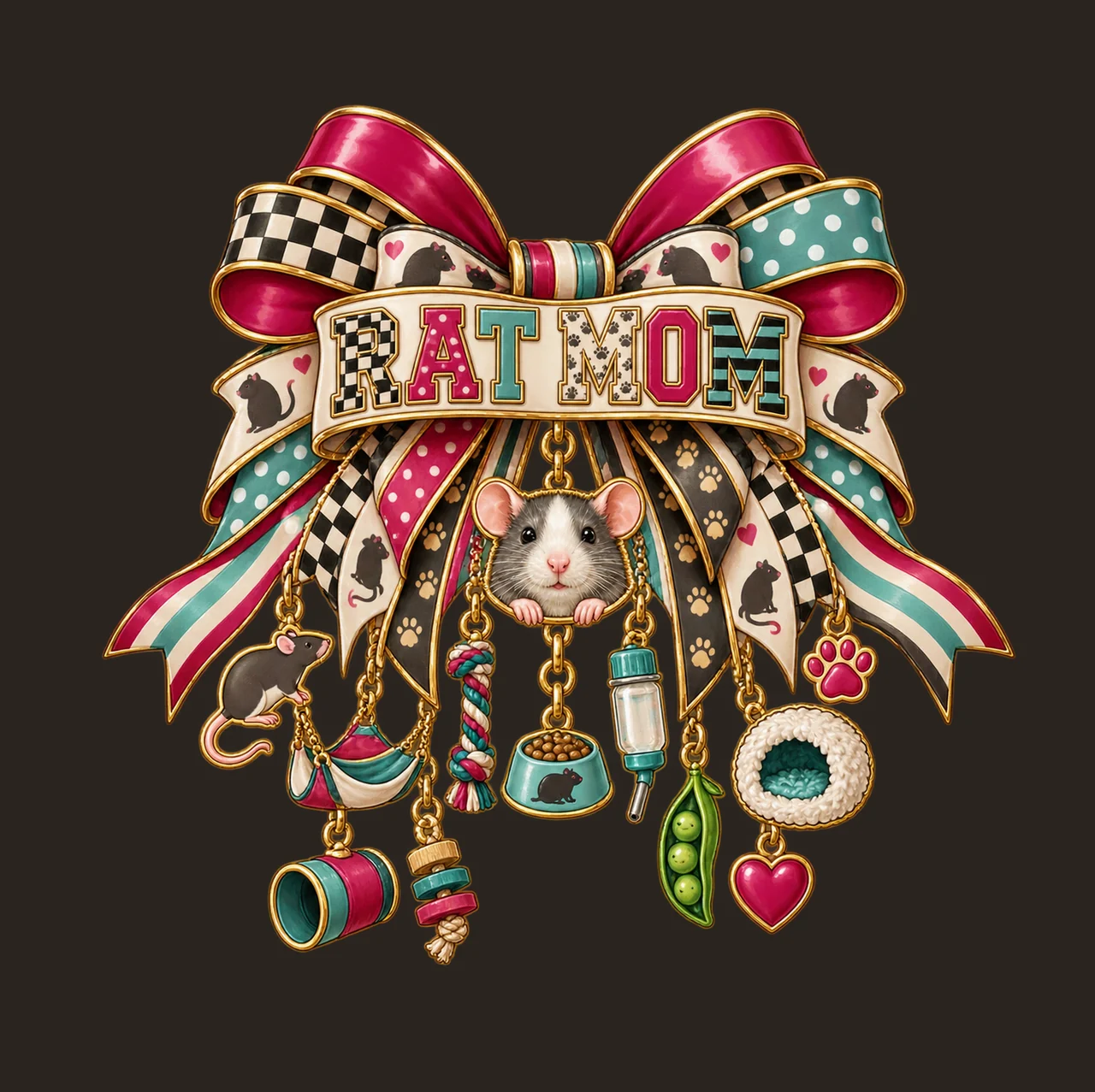 Rat Mom Bow Charm PNG, Patterned Varsity Mom Ribbon Clipart, Transparent Sublimation Digital Download contrast preview thumbnail
