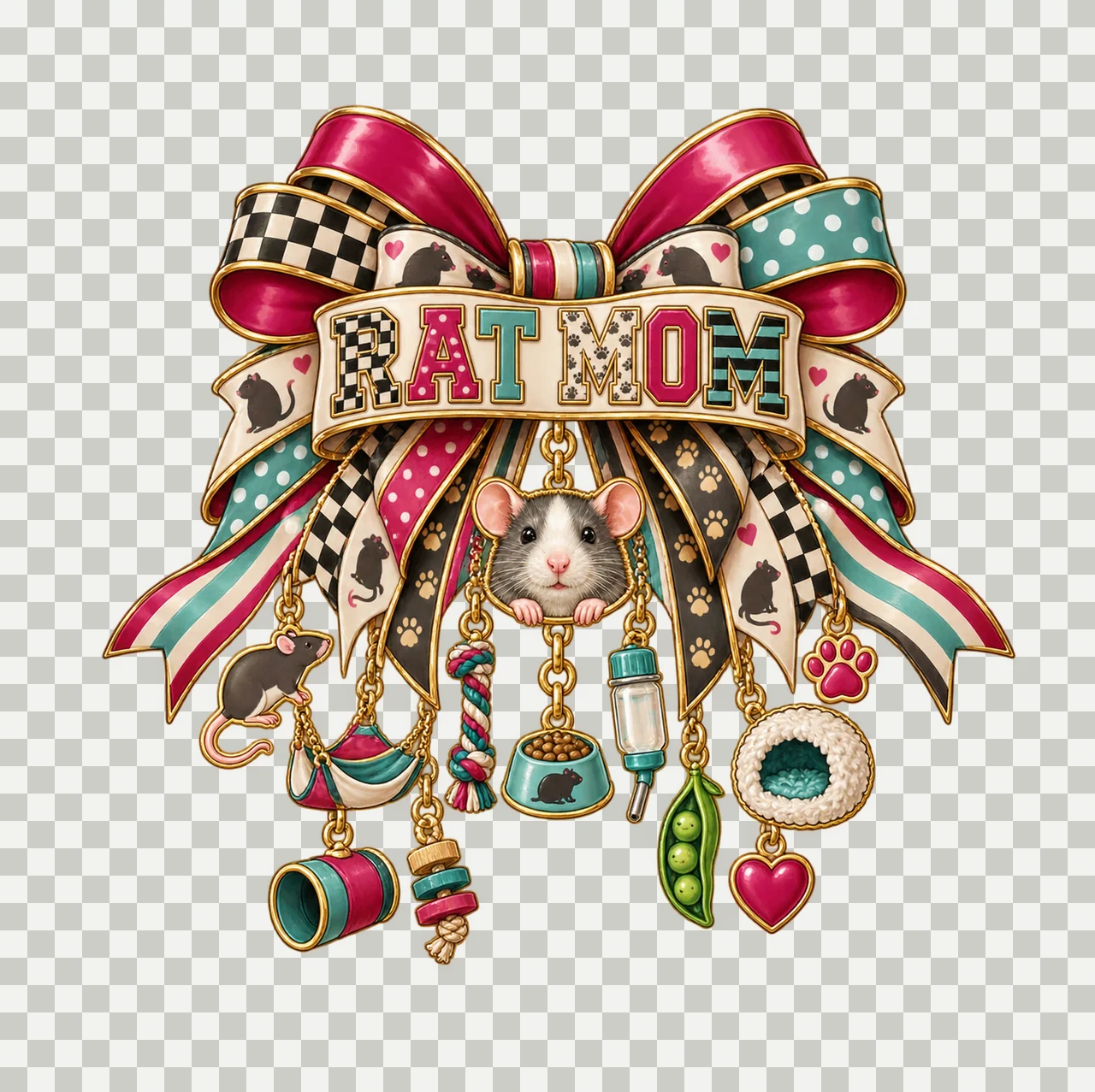 Rat Mom Bow Charm PNG, Patterned Varsity Mom Ribbon Clipart, Transparent Sublimation Digital Download transparency and detail preview thumbnail