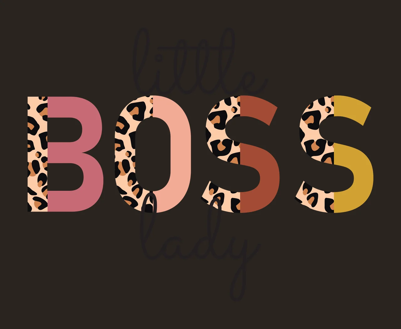 Little BOSS lady Typography Design with leopard print pattern, multi-colored letters and black cursive script in pink, peach and brown contrast preview thumbnail