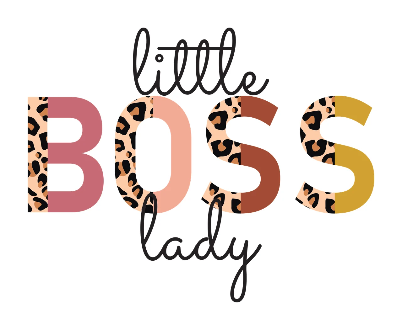 Little BOSS lady Typography Design with leopard print pattern, multi-colored letters and black cursive script in pink, peach and brown