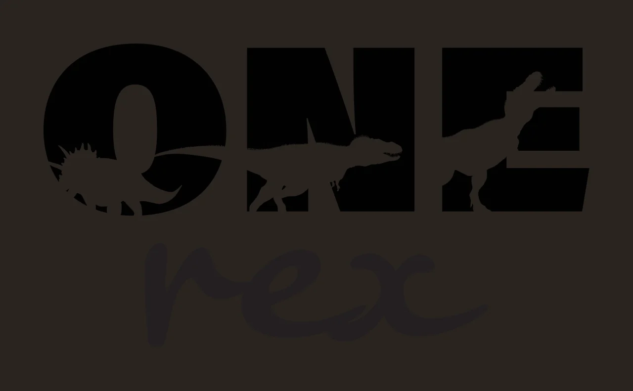 ONE rex dinosaur typography with block lettering, cursive script, dinosaur silhouettes and T-rex silhouette in black and white contrast preview thumbnail