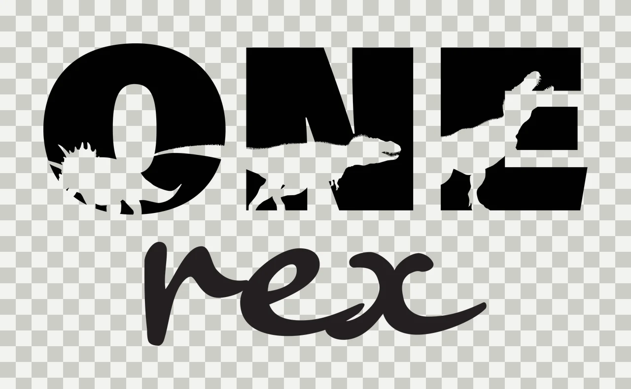 ONE rex dinosaur typography with block lettering, cursive script, dinosaur silhouettes and T-rex silhouette in black and white transparency and detail preview thumbnail