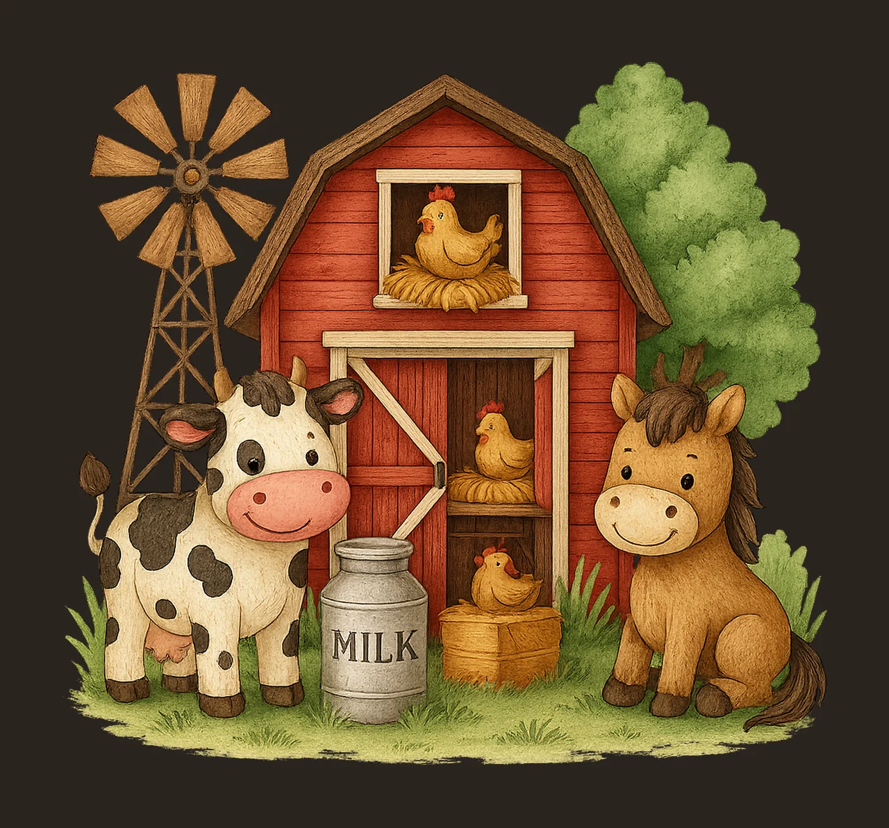 Red Farm Barn with Animals Farm Sublimation Design Cow Horse contrast preview thumbnail