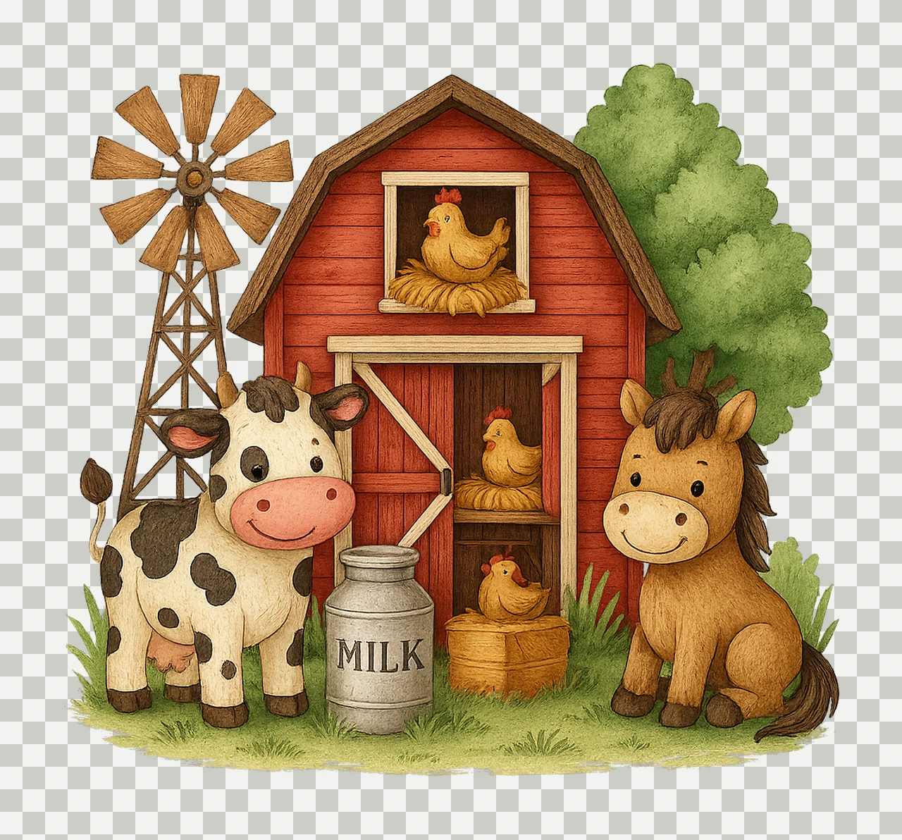 Red Farm Barn with Animals Farm Sublimation Design Cow Horse transparency and detail preview thumbnail