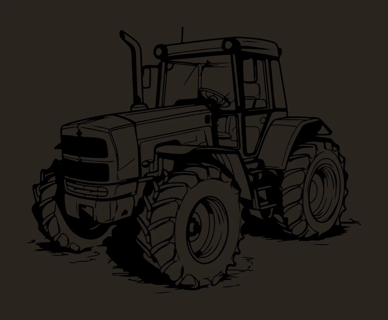 Detailed Black And White Tractor Outline stationary tires wheels contrast preview thumbnail