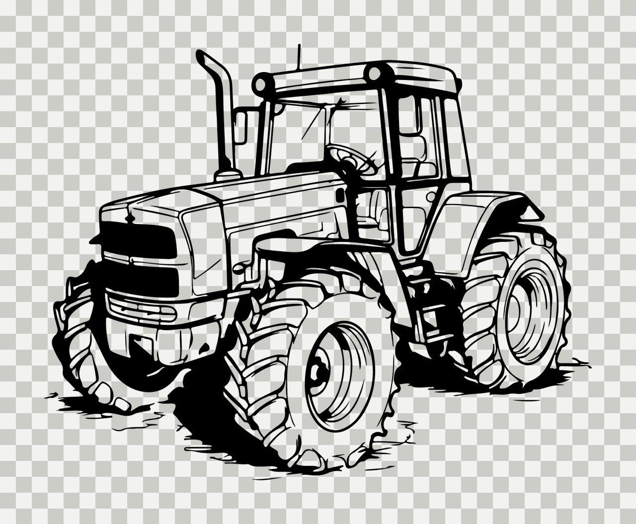 Detailed Black And White Tractor Outline stationary tires wheels transparency and detail preview thumbnail