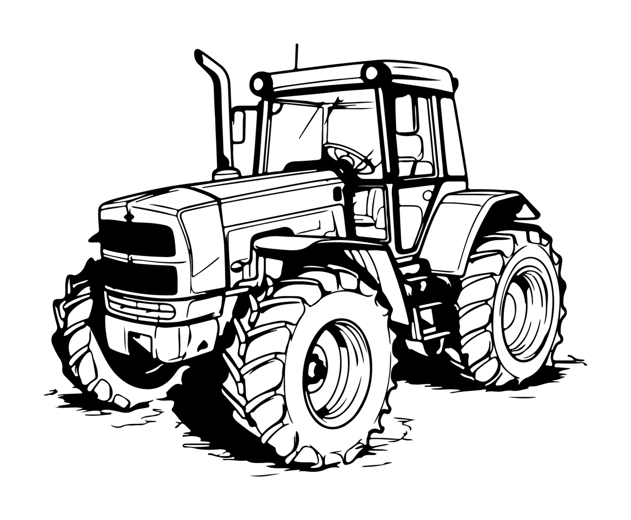 Detailed Black And White Tractor Outline stationary tires wheels