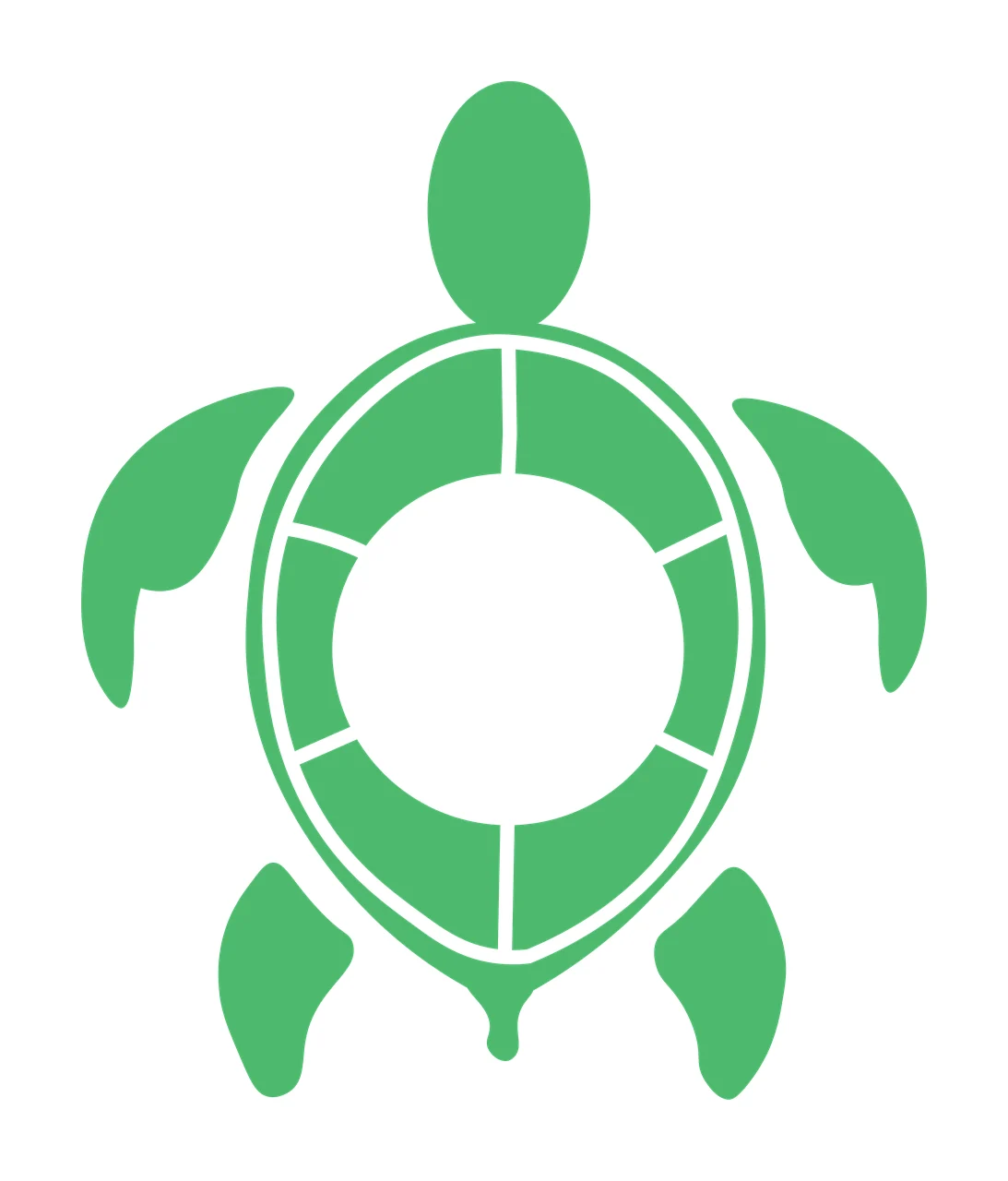 Sea turtle Illustration with turtle head, flippers, segmented shell and tail in green and white