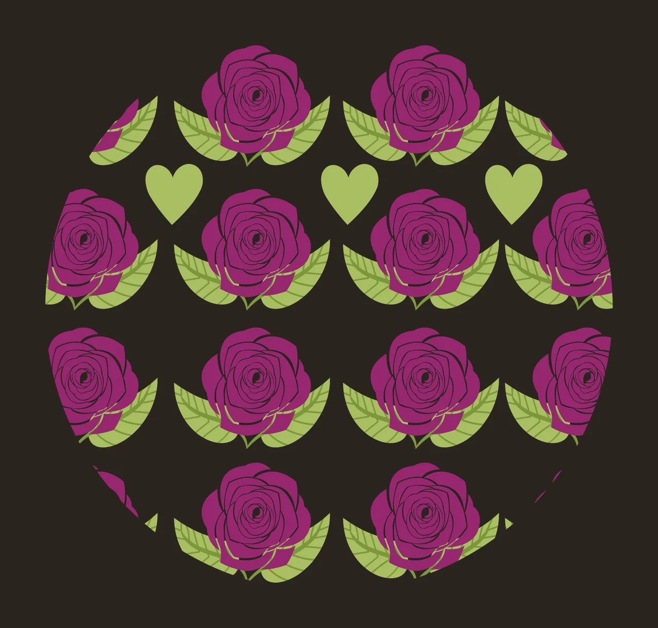 Keychain Black Rose And Heart Pattern Circle repeating outline drawing contrast preview thumbnail