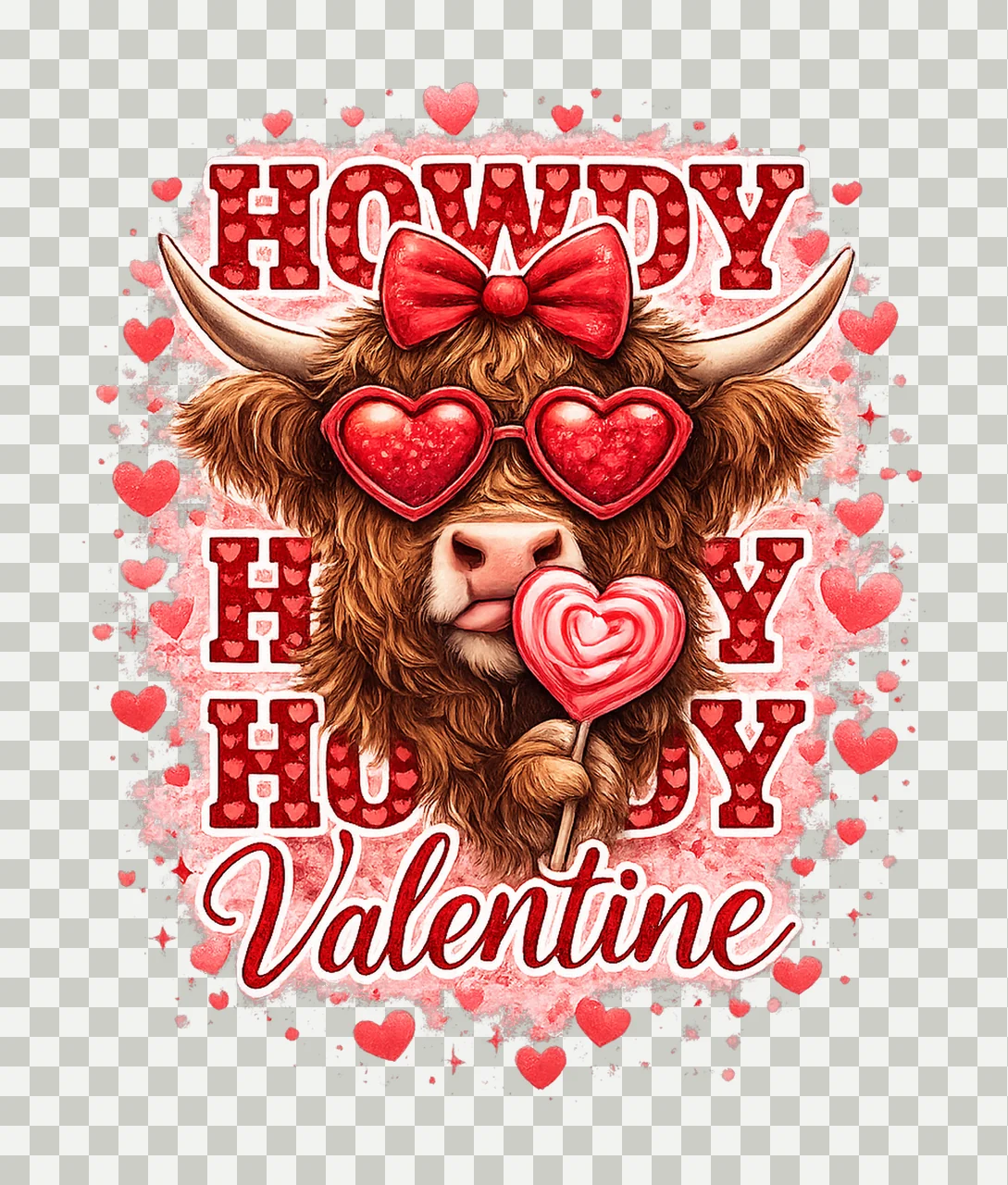 Highland Cow Howdy Valentine Coquette Valentine Sublimation transparency and detail preview thumbnail