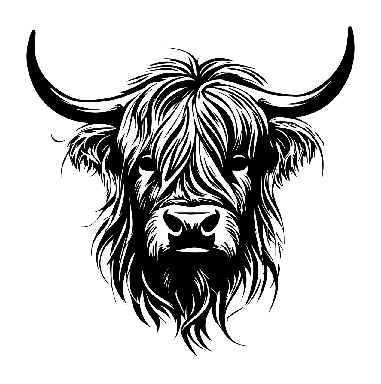 Highland Cow Head Portrait Illustration horns fur line art