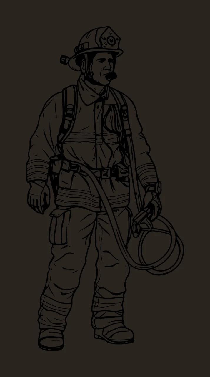 Firefighter In Uniform Holding A Hose standing helmet line art contrast preview thumbnail