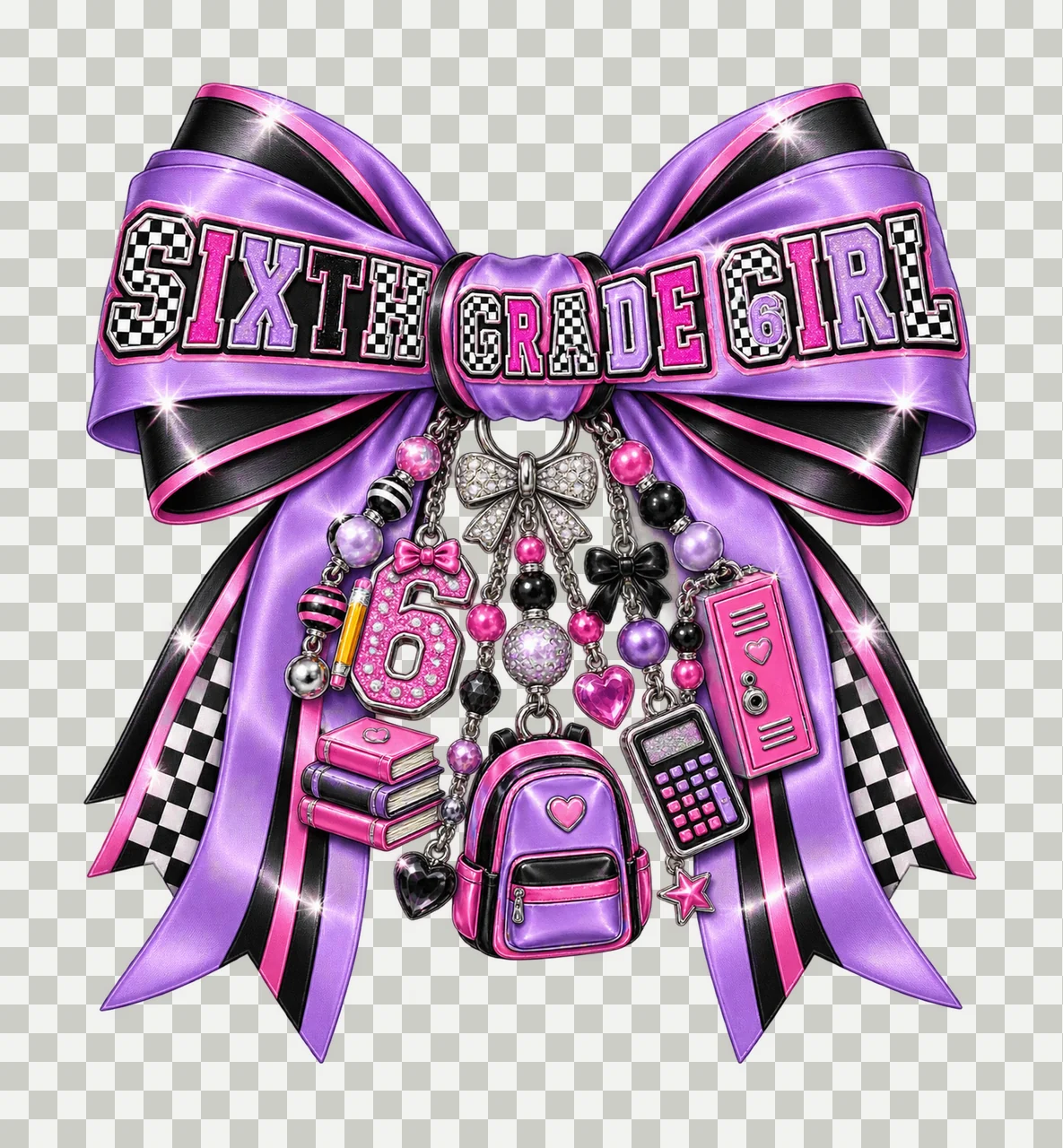 Sixth Grade Girl Bow Charm PNG, Coquette Ribbon Sublimation, Transparent Digital Download transparency and detail preview thumbnail