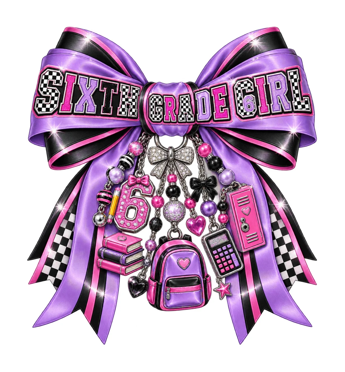 Sixth Grade Girl Bow Charm PNG, Coquette Ribbon Sublimation, Transparent Digital Download