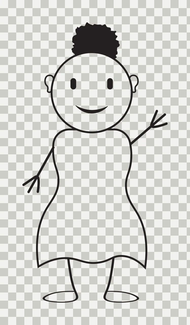 Line Art Illustration of Stick figure person with head bun, dress, stick arms and smiling face in black and white transparency and detail preview thumbnail