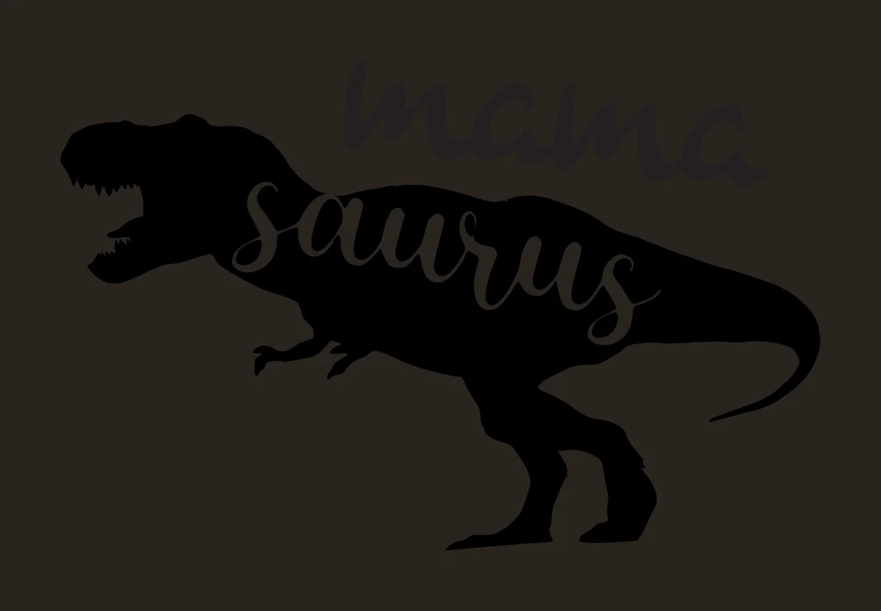 Mama saurus Tyrannosaurus rex silhouette Design with dinosaur silhouette, cursive script lettering and typography in black and white contrast preview thumbnail
