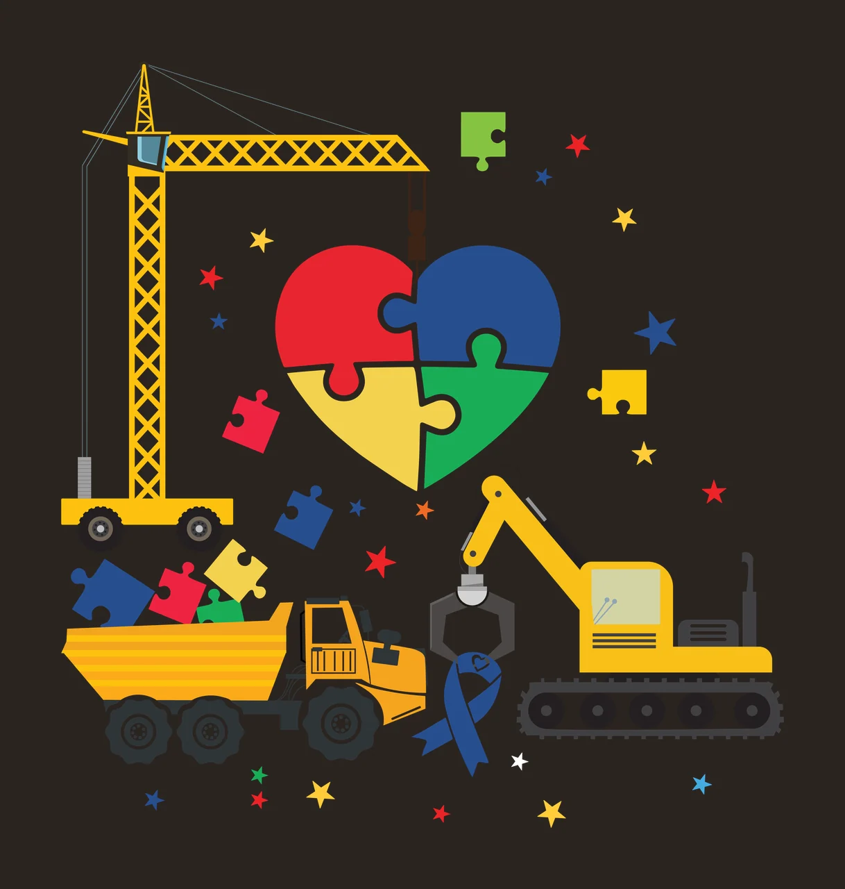 Puzzle heart construction scene with blue ribbon Illustration with yellow crane, yellow dump truck, yellow excavator and puzzle heart red blue yellow green contrast preview thumbnail