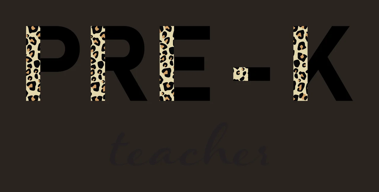 PRE-K teacher Typography Design with PRE-K text, leopard print pattern and teacher cursive text in black, beige and brown contrast preview thumbnail