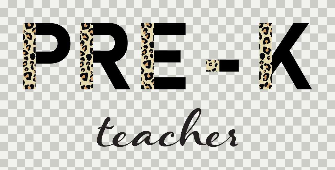 PRE-K teacher Typography Design with PRE-K text, leopard print pattern and teacher cursive text in black, beige and brown transparency and detail preview thumbnail