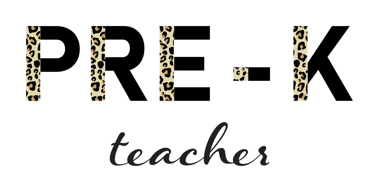 PRE-K teacher Typography Design with PRE-K text, leopard print pattern and teacher cursive text in black, beige and brown