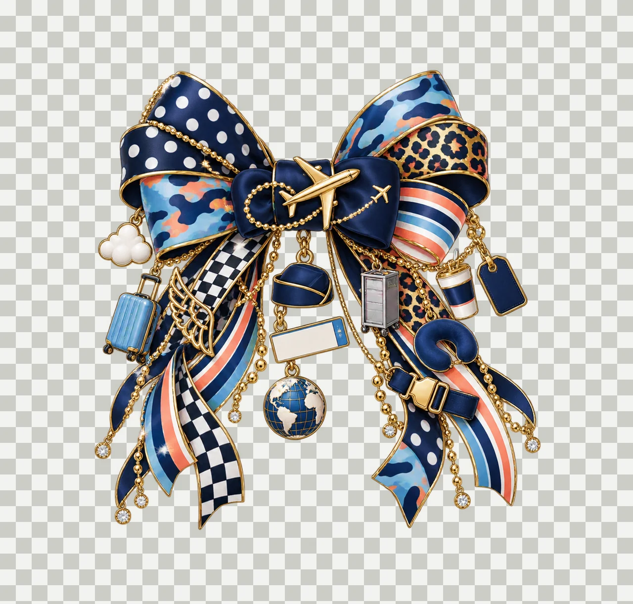 Flight Attendant Bow Charm PNG, Themed Gold Chain Charms, Coquette Ribbon Sublimation Design, Transparent Digital Download transparency and detail preview thumbnail