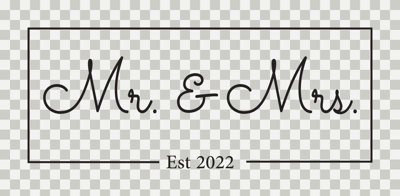 Mr. & Mrs. Est 2022 Rectangular framed typographic design with black script text, rectangular border and horizontal lines in white transparency and detail preview thumbnail