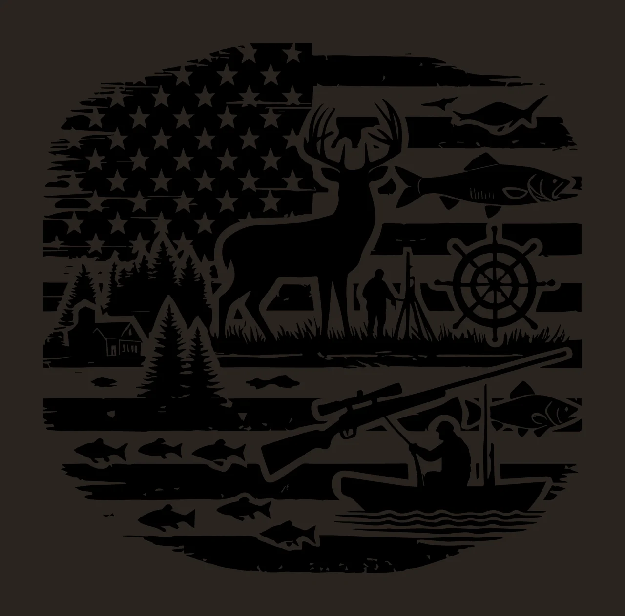Hunting Fishing American Flag Wildlife Silhouette Motif with elements contrast preview thumbnail