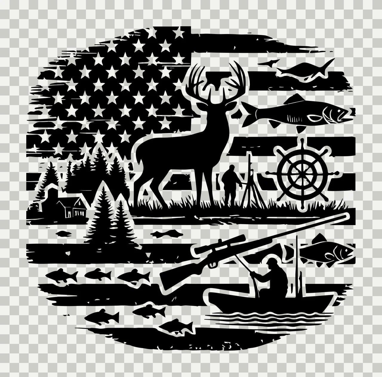 Hunting Fishing American Flag Wildlife Silhouette Motif with elements transparency and detail preview thumbnail