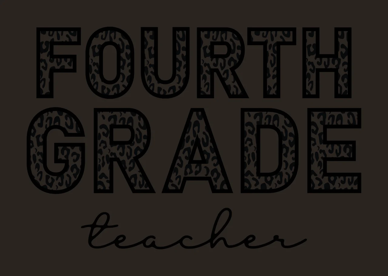 FOURTH GRADE teacher Typography Design with outlined block letters, leopard print pattern and cursive script font in black and white contrast preview thumbnail
