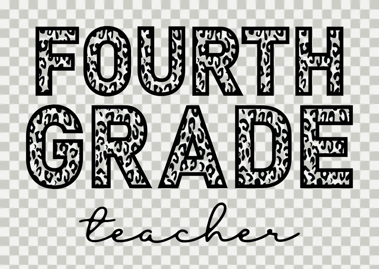 FOURTH GRADE teacher Typography Design with outlined block letters, leopard print pattern and cursive script font in black and white transparency and detail preview thumbnail