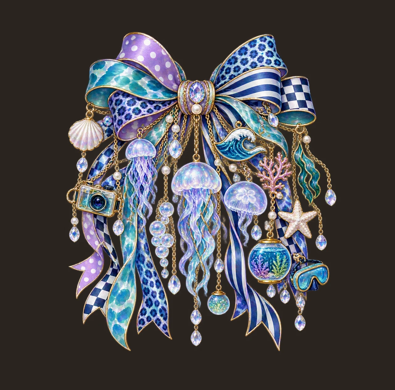 Jellyfish Lover Bow Charm PNG, Gold Chain Charms, Transparent Sublimation Design, Digital Download contrast preview thumbnail