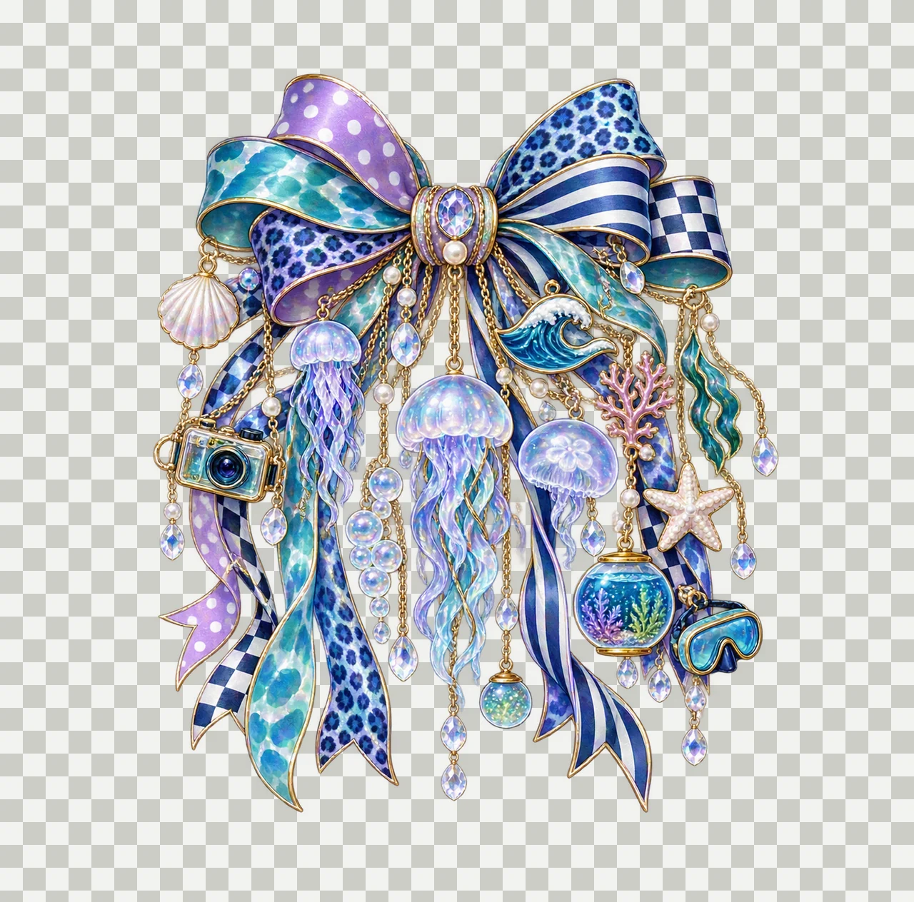Jellyfish Lover Bow Charm PNG, Gold Chain Charms, Transparent Sublimation Design, Digital Download transparency and detail preview thumbnail