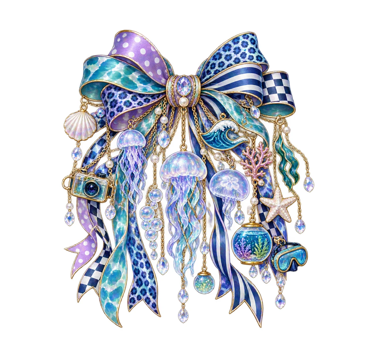 Jellyfish Lover Bow Charm PNG, Gold Chain Charms, Transparent Sublimation Design, Digital Download