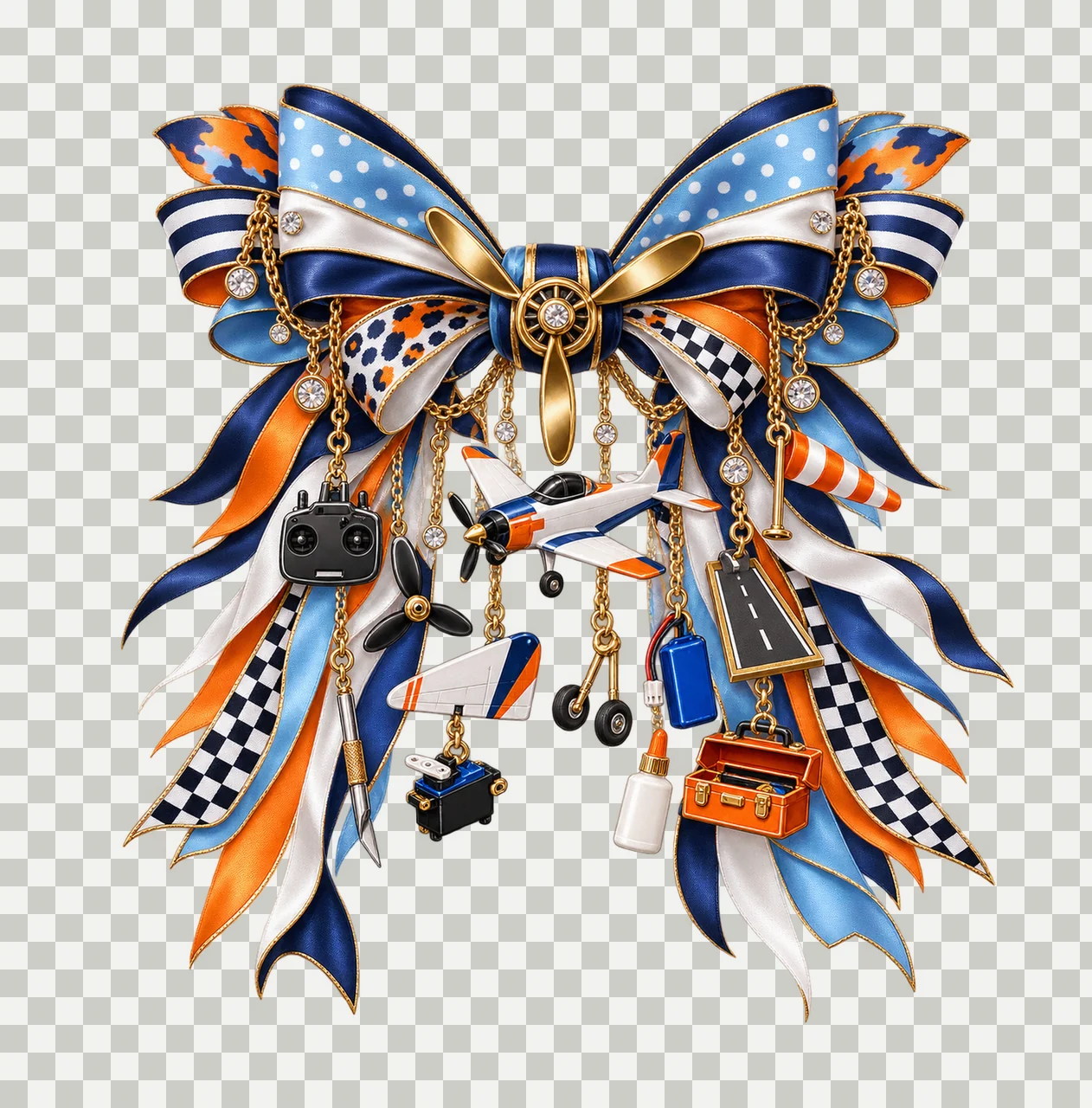 Model Airplane Hobbyist Bow Charm PNG, Gold Chain Charms, Transparent Sublimation Design, Digital Download transparency and detail preview thumbnail