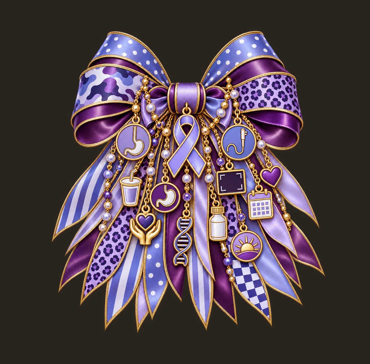 Esophageal Cancer Awareness Bow Charm PNG, Gold Chain Charms, Transparent Sublimation Design, Digital Download contrast preview thumbnail