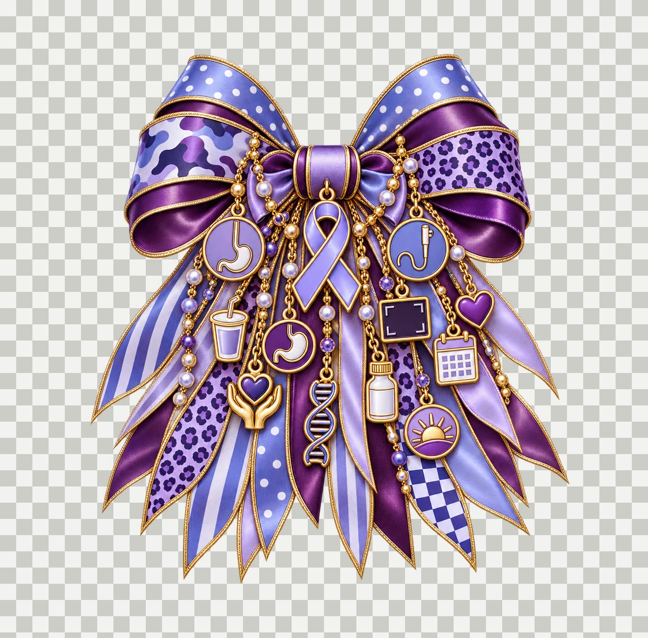 Esophageal Cancer Awareness Bow Charm PNG, Gold Chain Charms, Transparent Sublimation Design, Digital Download transparency and detail preview thumbnail