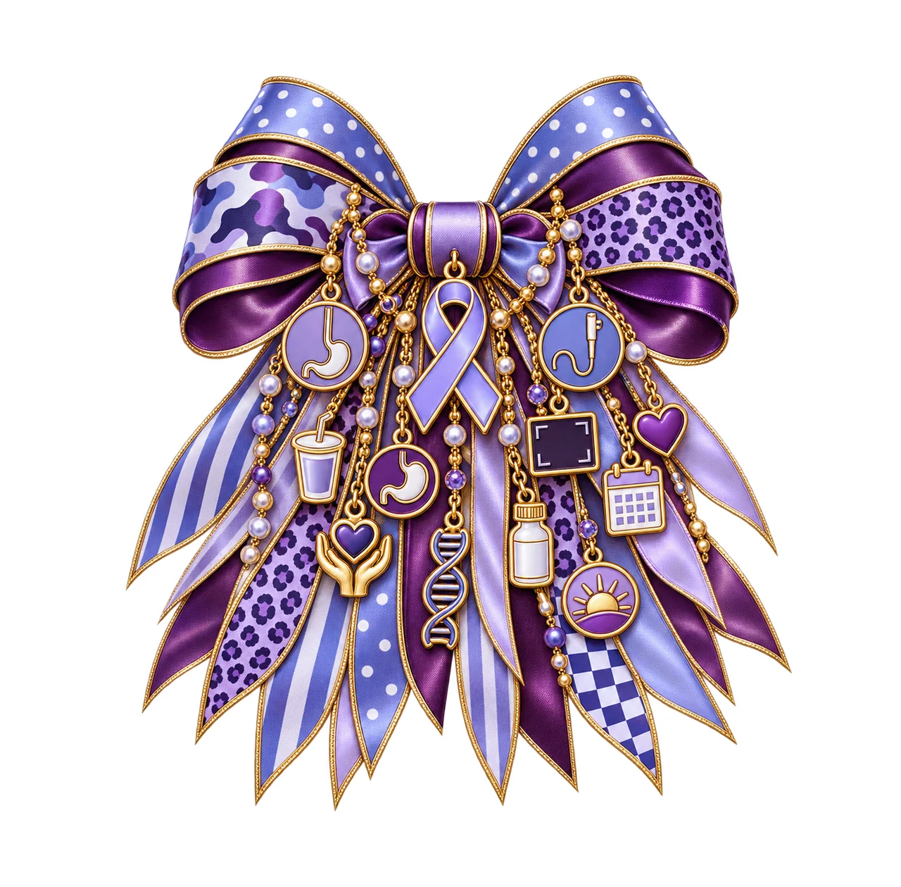 Esophageal Cancer Awareness Bow Charm PNG, Gold Chain Charms, Transparent Sublimation Design, Digital Download